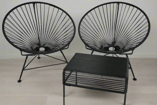 3 Piece All Black Handwoven Patio Set - 2 Innit Chairs + 1 Atom Ottoman